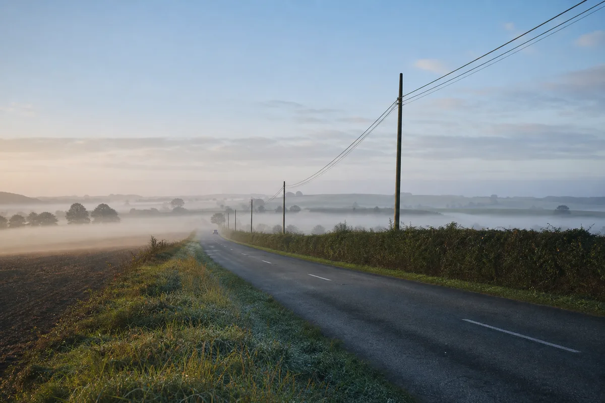 Route de campagne peu fréquentée au petit matin, véhicule isolé vu de loin