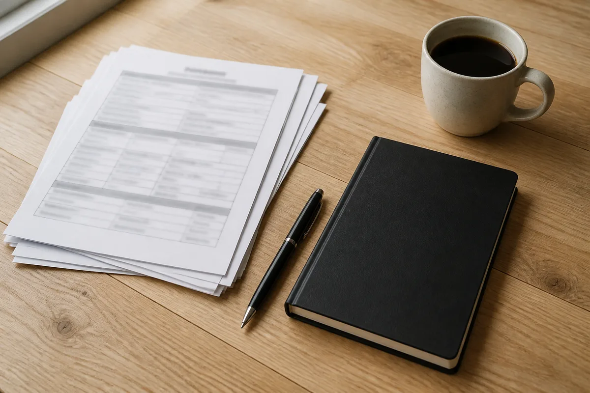 Documents d&rsquo;assurance auto et carnet d&rsquo;entretien posés sur une table, stylo à côté