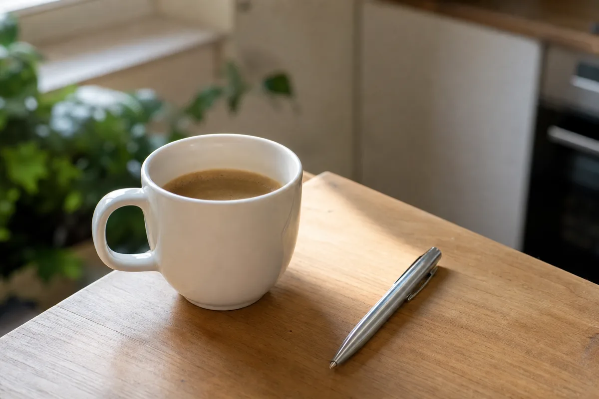 Avis d&rsquo;échéance d&rsquo;assurance auto posé sur une table de cuisine, tasse de café et stylo à côté, lumière naturelle du matin