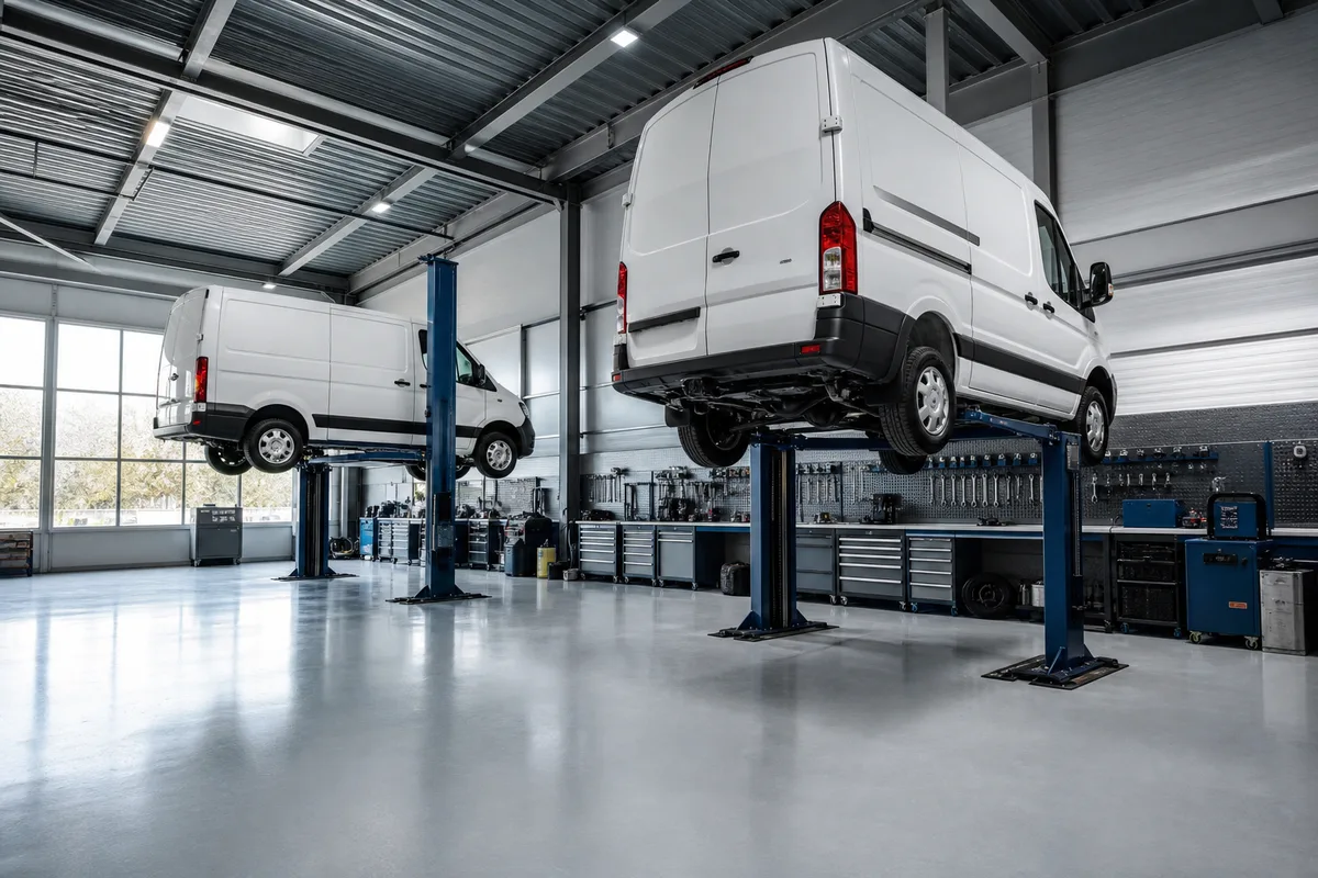 Atelier de maintenance automobile avec deux véhicules utilitaires blancs sur ponts élévateurs et outillage rangé