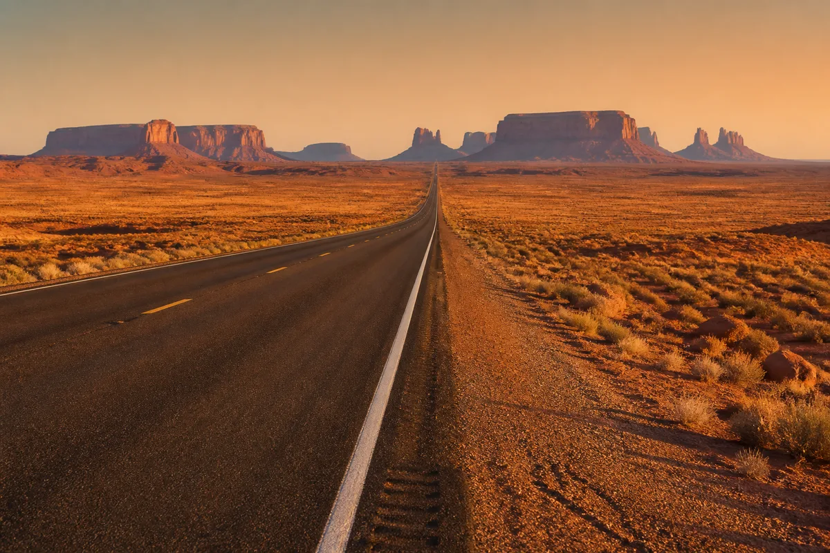 Route rectiligne traversant un plateau désertique aux roches ocre, mesas à l&rsquo;horizon sous une lumière de fin de journée