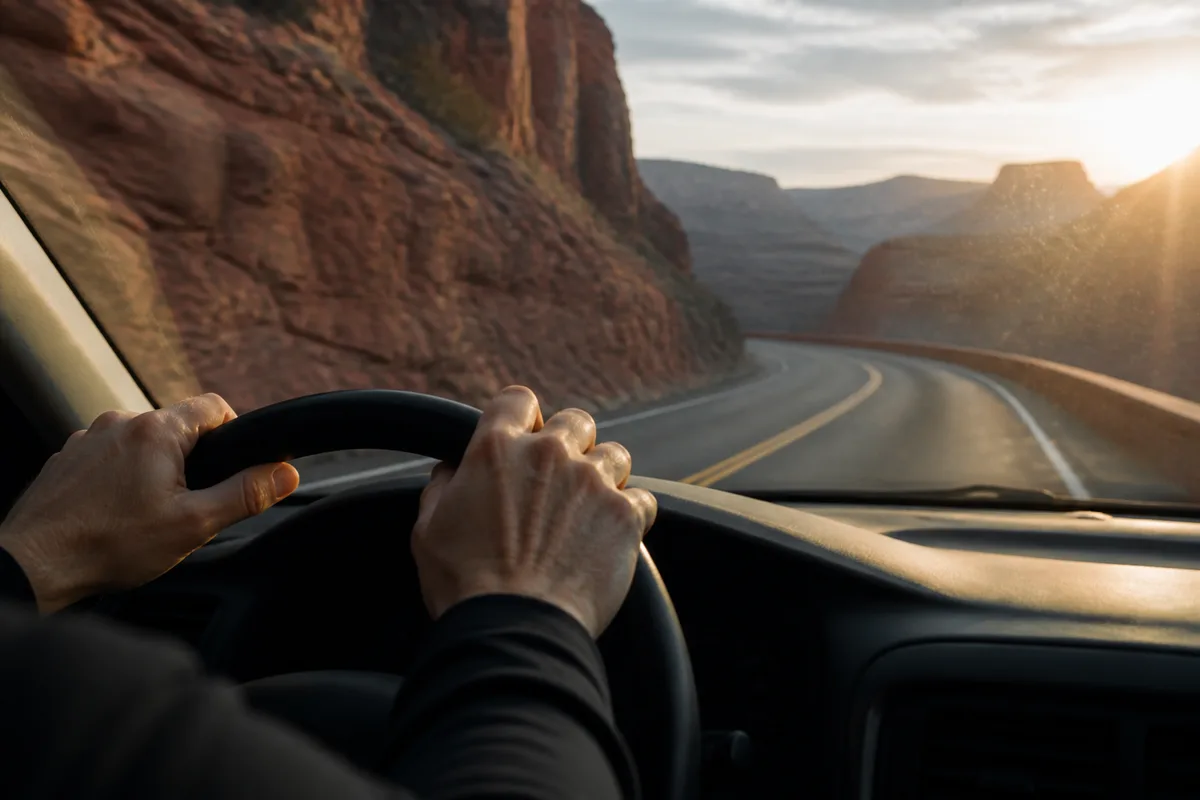 Mains posées sur un volant vues depuis le siège passager, pare-brise ouvert sur une route de canyon éclairée par un soleil bas