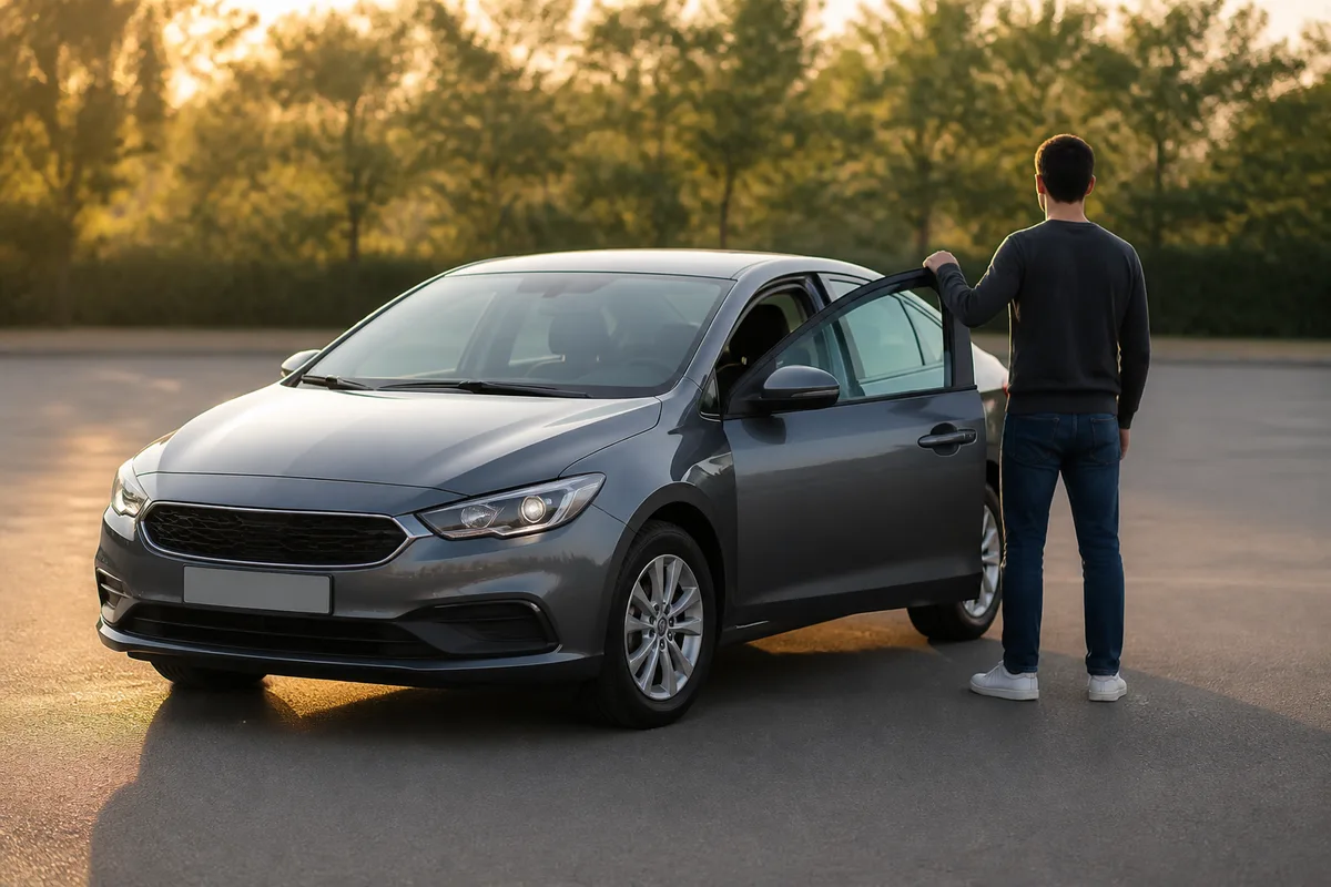 Une berline compacte grise sur un parking d&rsquo;entraînement, portière conducteur ouverte, lumière douce de fin de journée