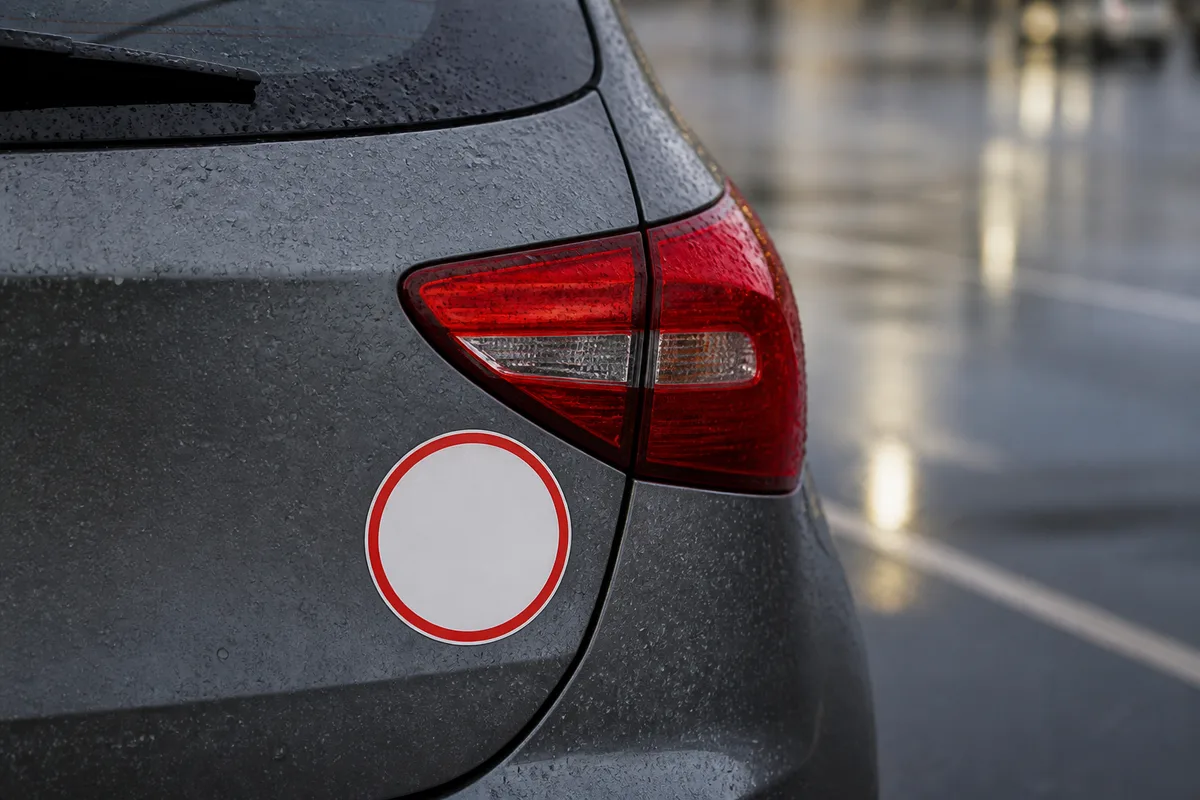 Vue rapprochée du hayon uni d&rsquo;une voiture grise portant un disque de conducteur novice, sur un parking mouillé en fin de journée