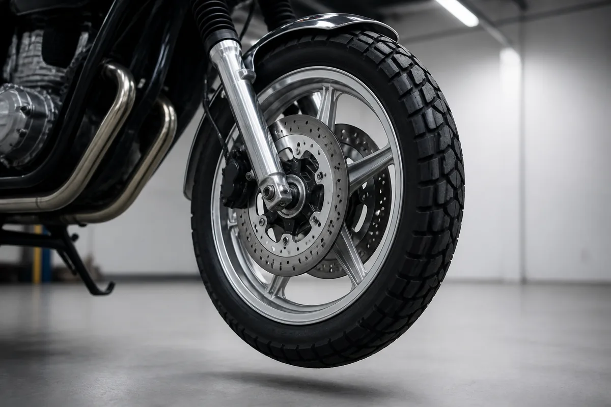 Moto de moyenne cylindrée au carénage uni levée sur un pont élévateur dans un atelier de contrôle technique