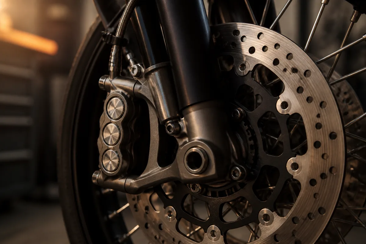 Gros plan sur un disque de frein avant de moto et son étrier, rayons de roue nets sous une lumière rasante d atelier