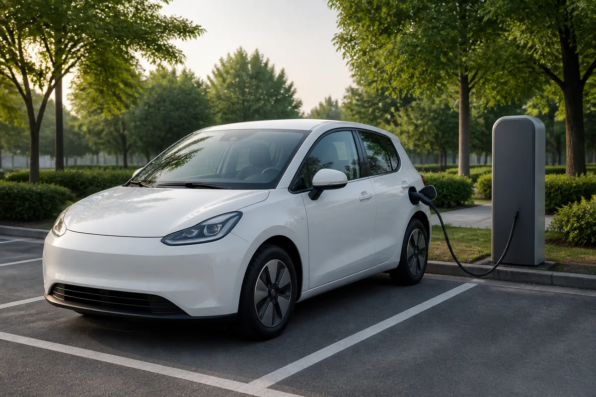 Voiture électrique compacte à l&rsquo;arrêt sur une place de recharge, câble branché sur la trappe latérale, borne au capot uni de teinte grise, parking arboré au petit matin, lumière fraîche