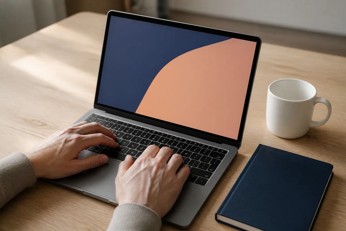 Mains posées sur le clavier d’un ordinateur portable dans un intérieur clair, carnet fermé à couverture unie et tasse blanche à côté