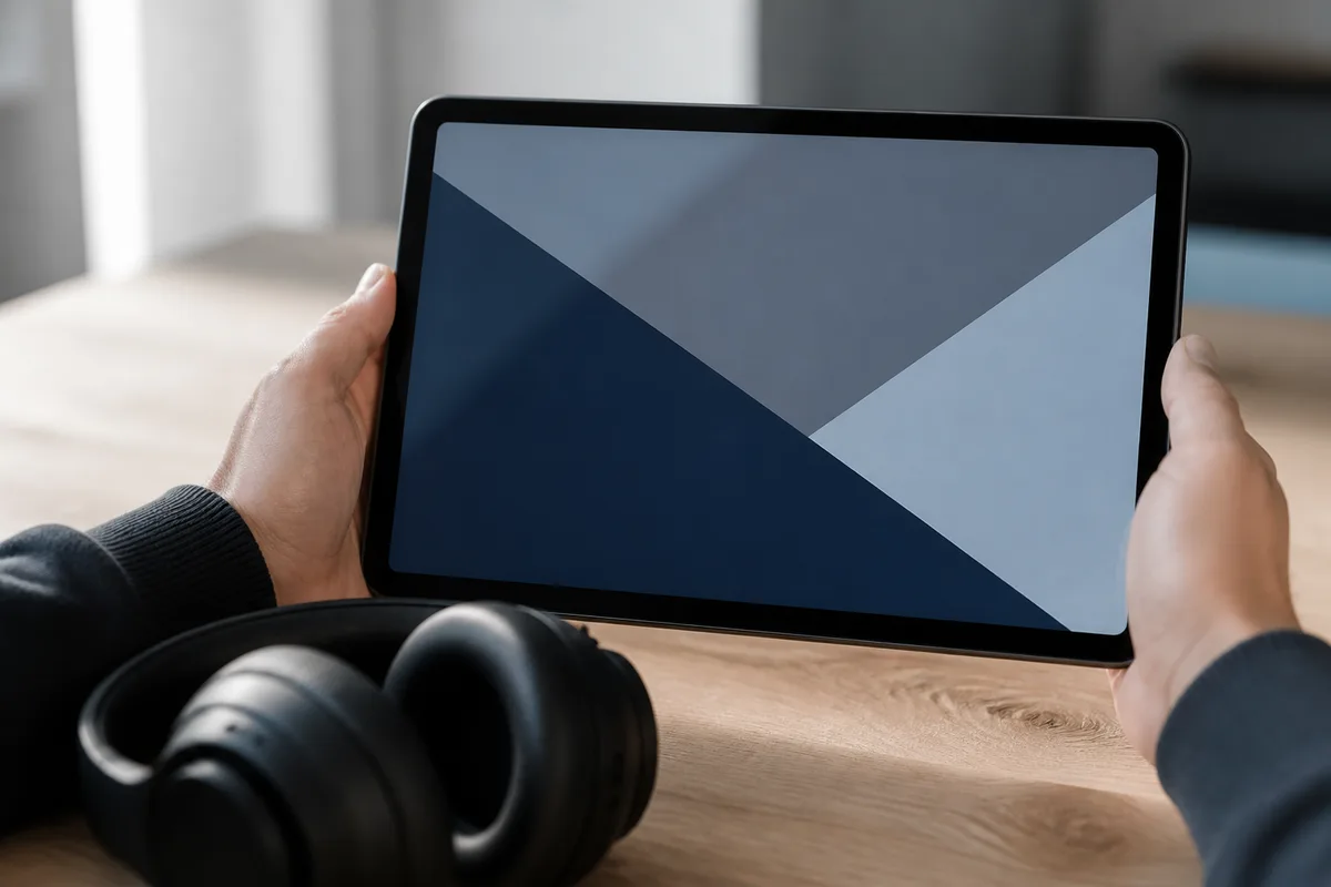Mains tenant une tablette numérique montrant des aplats de couleur sobres, casque audio posé sur une table en bois clair, lumière rasante