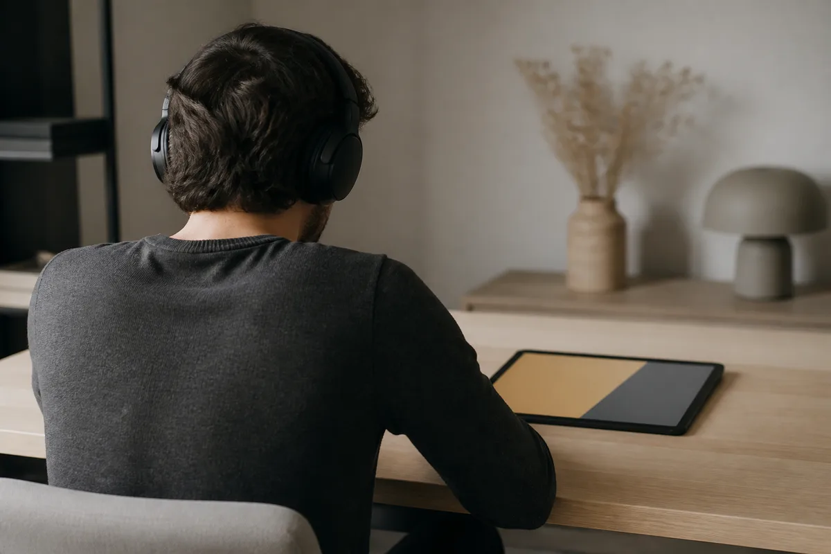 Silhouette de dos d’une personne assise à un bureau clair, casque audio sur les oreilles, tablette posée à plat devant elle, arrière-plan neutre flou