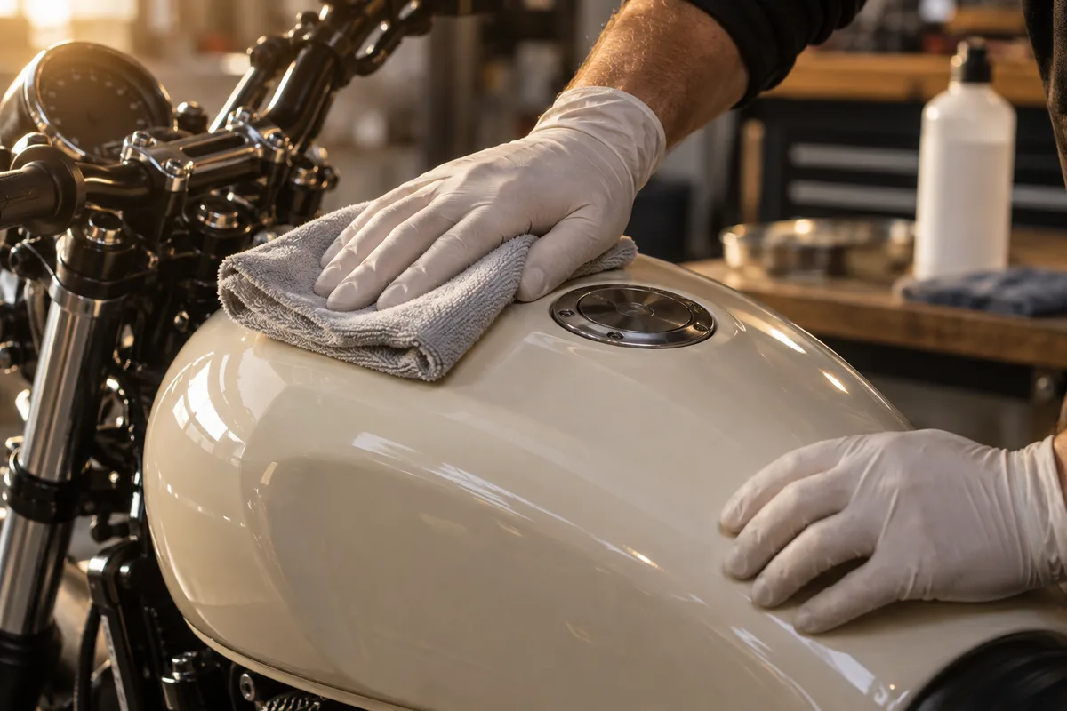 Mains gantées passant un chiffon microfibre sur le réservoir uni d’une moto dans un garage