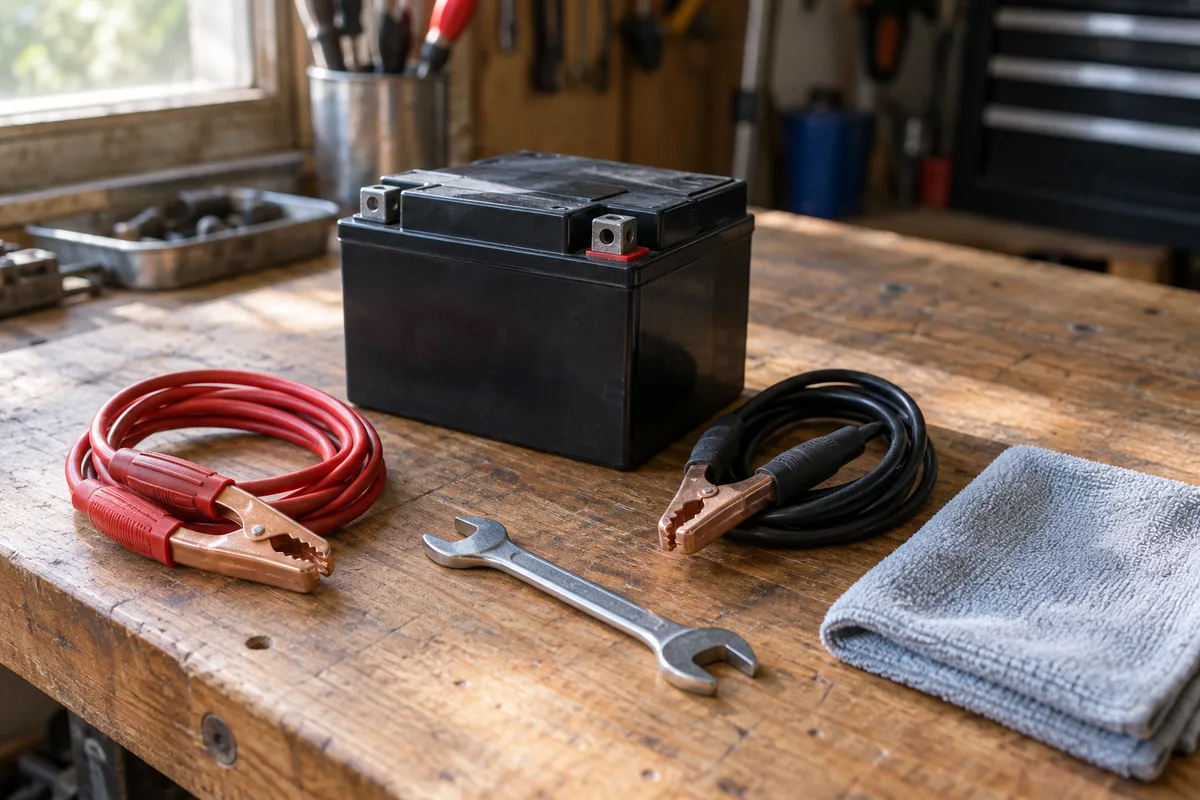 Batterie de moto posée sur un établi en bois avec des câbles de charge de teinte unie