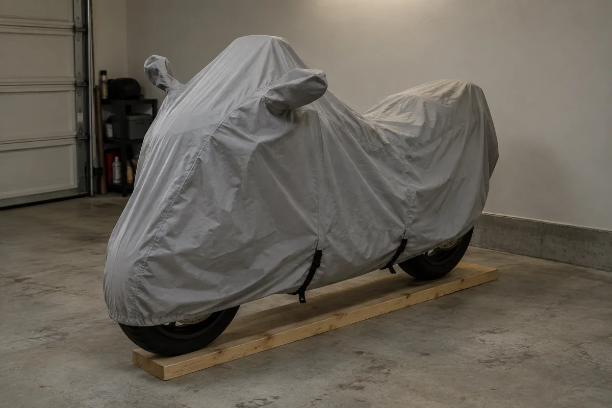 Moto sous une housse de protection unie garée dans un garage propre et rangé