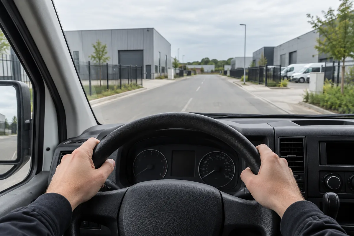 Mains posées sur le volant d&rsquo;un utilitaire en zone d&rsquo;activité