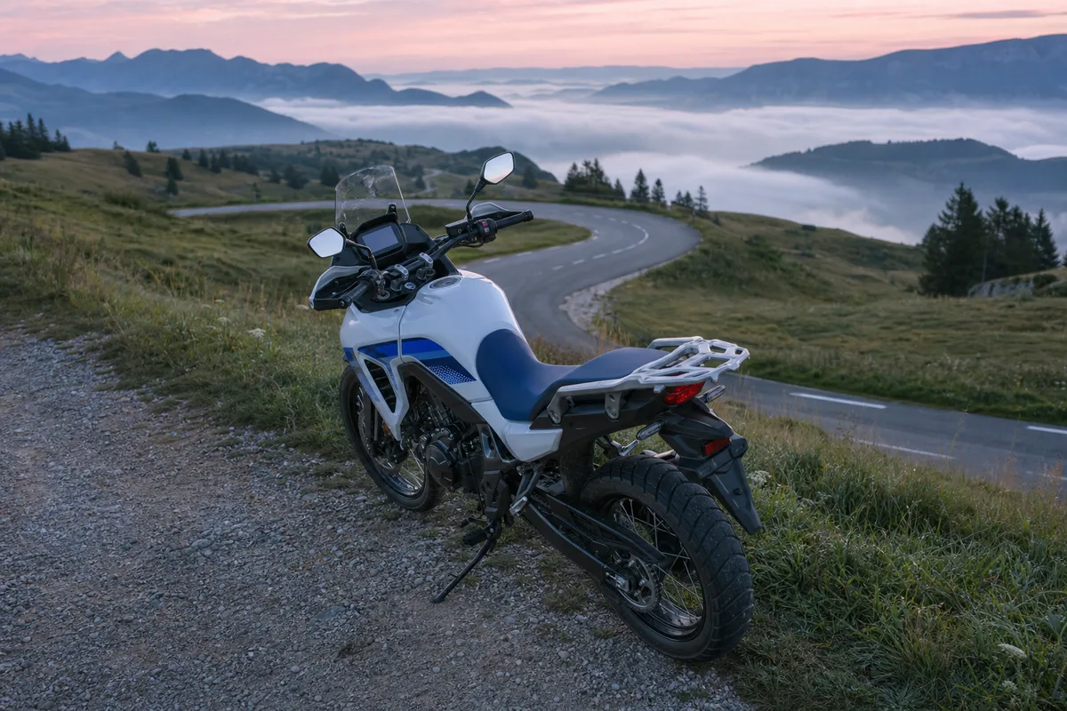 Trail routier de moyenne cylindrée à l arrêt sur une route de montagne française au lever du jour