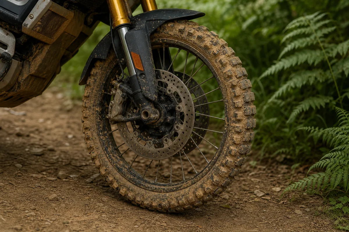 Détail d une roue avant de moto tout-chemin sur un chemin de terre bordé de fougères