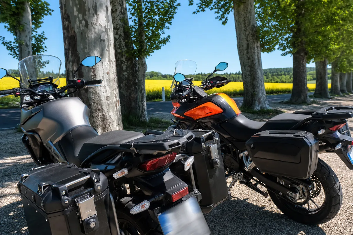 Deux motos trail garées côte à côte sur une aire de repos en bord de route départementale