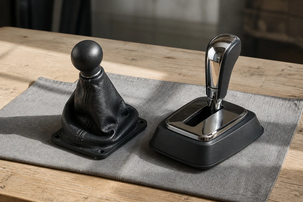 Boîte de vitesses manuelle et sélecteur automatique côte à côte sur un plan de travail en bois clair, éclairage naturel latéral