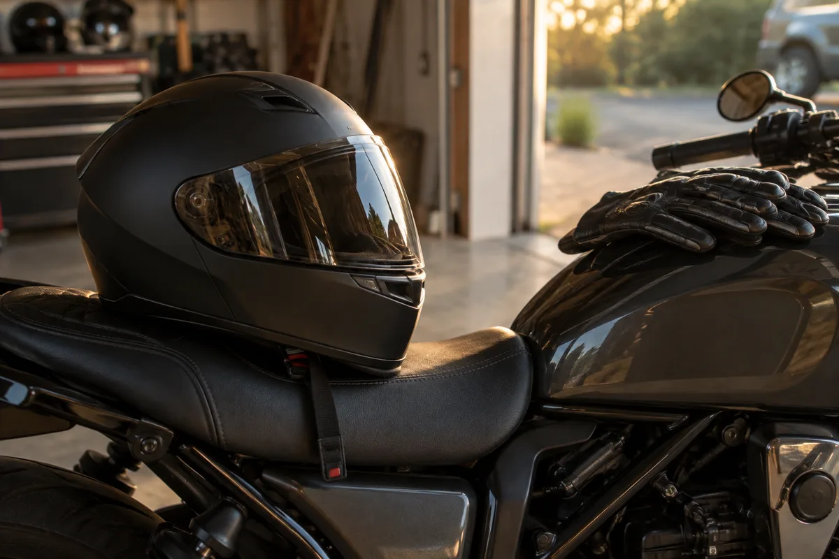 Casque intégral à coque unie posé sur la selle d’une moto à l’arrêt dans un garage