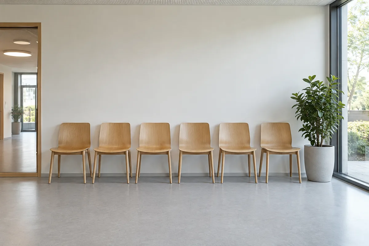 Rangée de chaises alignées dans une salle d’attente vide éclairée par une grande baie vitrée