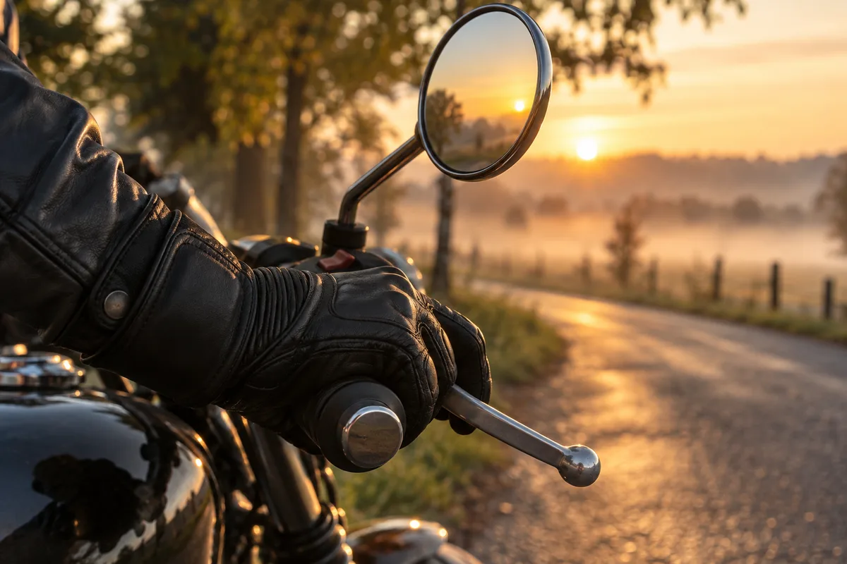 Mains gantées de cuir posées sur le guidon d’une moto à l’arrêt face à une route de campagne au petit matin