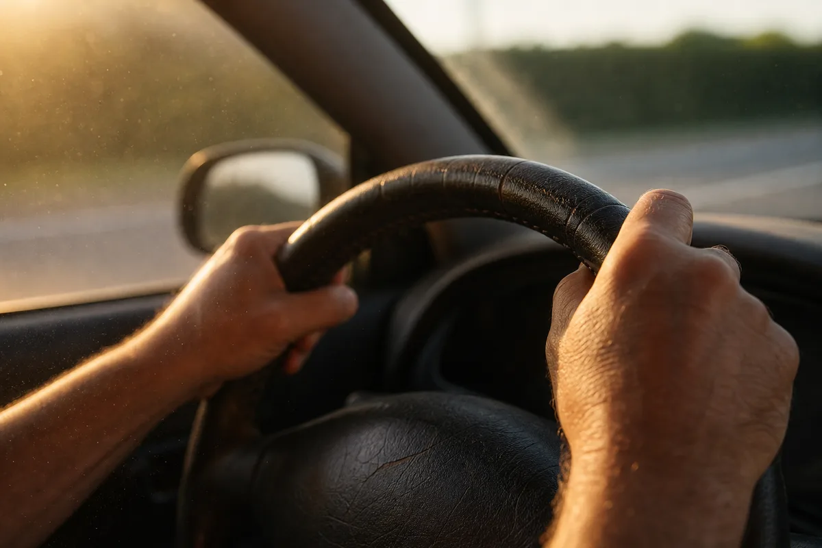 Mains d’un conducteur posées sur un volant, vue depuis l’habitacle au petit matin