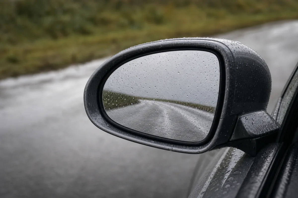 Rétroviseur extérieur d’une voiture, route de campagne floue en arrière-plan sous une pluie fine