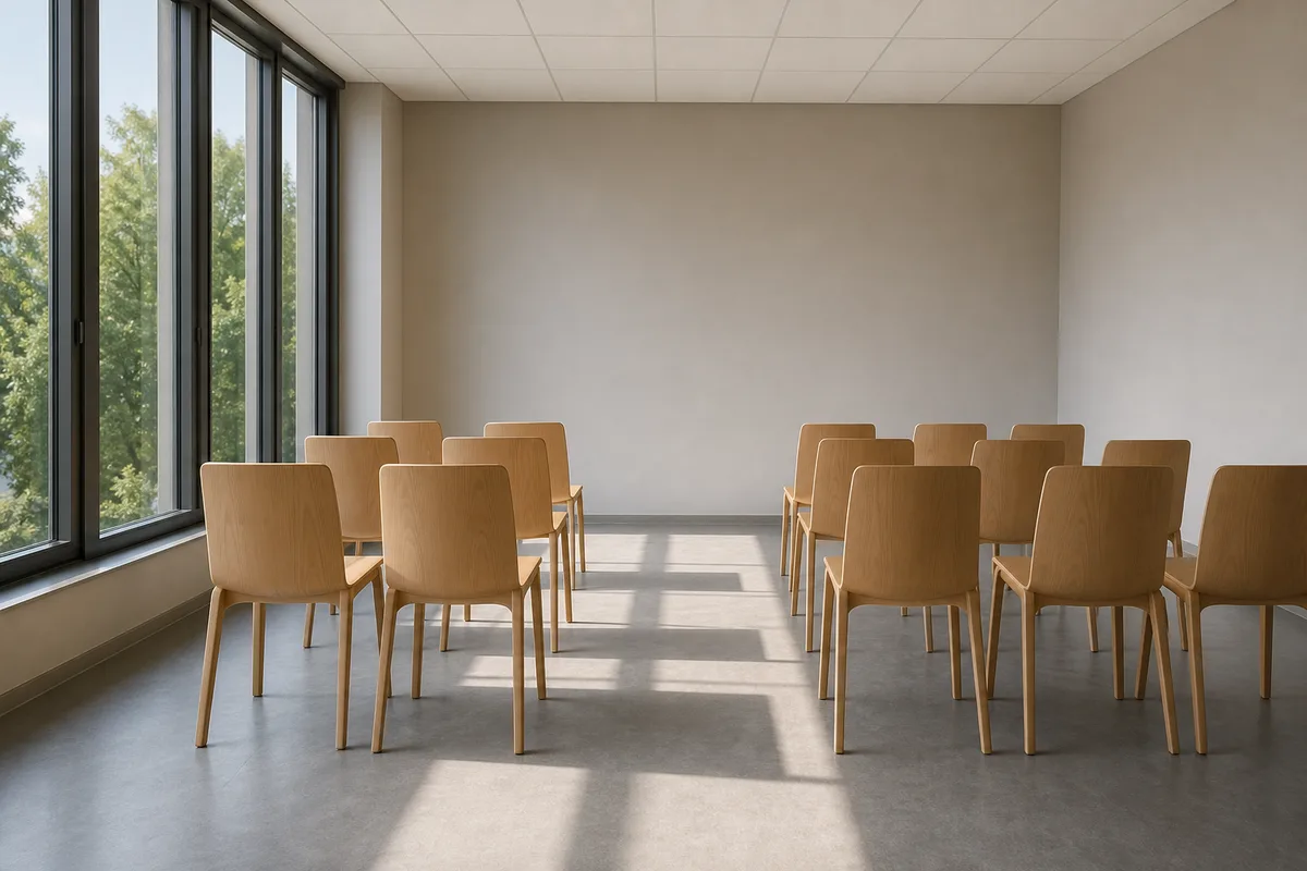Salle de formation vide avec chaises alignées, lumière naturelle traversant une baie vitrée