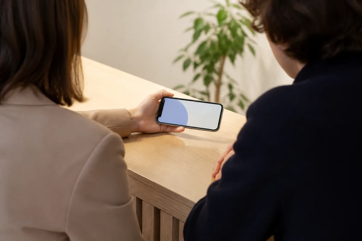 Deux personnes de dos consultant un téléphone posé sur un comptoir clair, écran affichant des aplats de couleur douce, lumière naturelle latérale