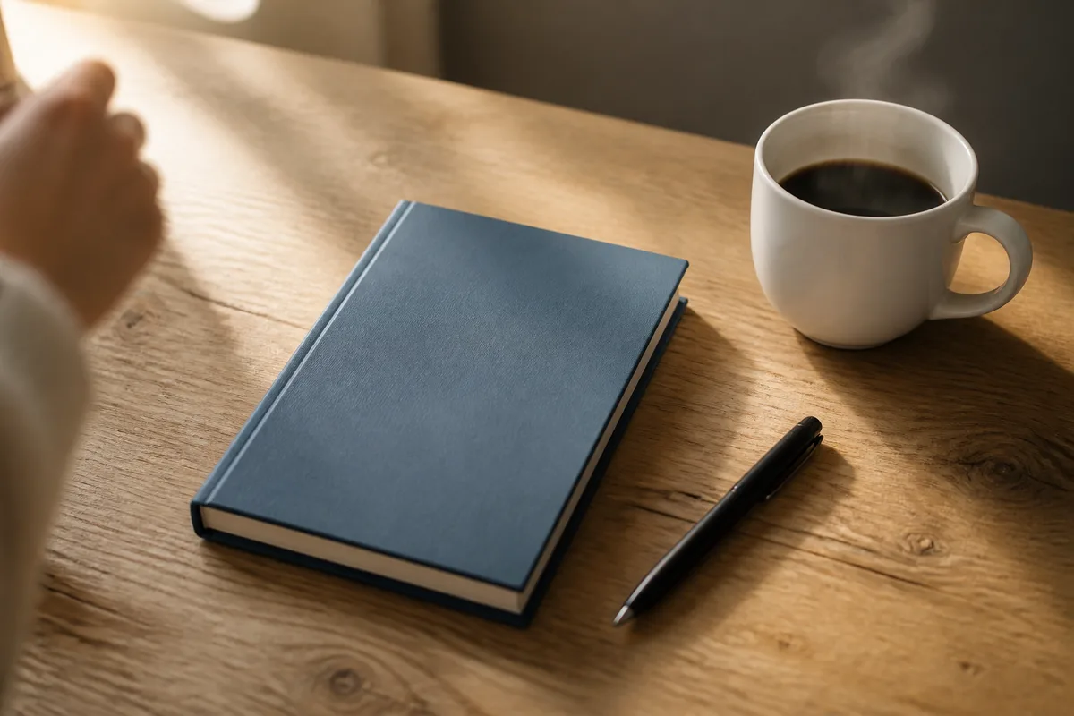 Un carnet à couverture unie et un stylo posés sur un plan de travail en bois clair, tasse blanche à côté, lumière matinale rasante
