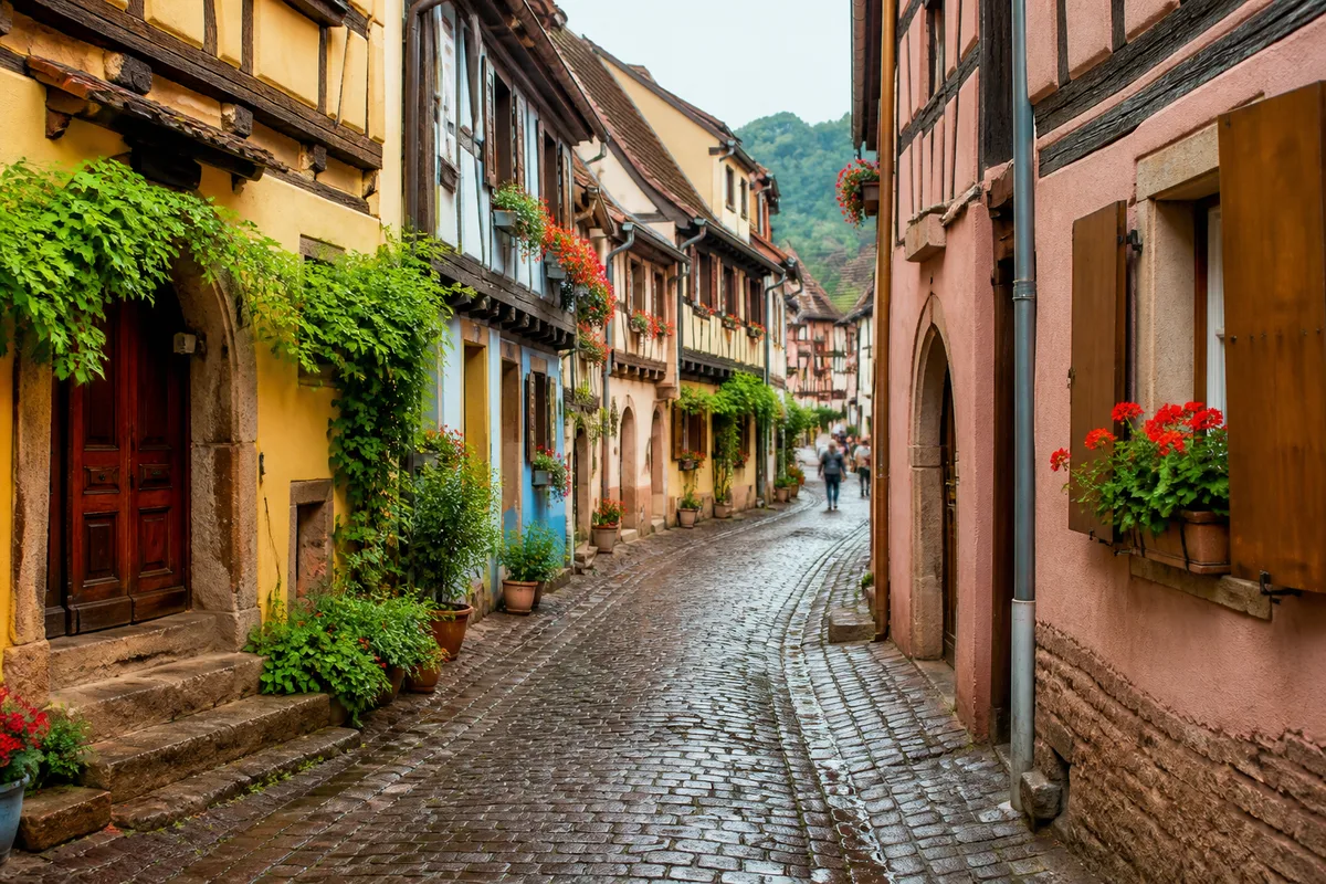 Rue pavée bordée de maisons à colombages colorées dans le centre historique de Strasbourg, volets ouverts et géraniums aux balcons, lumière douce de fin de matinée