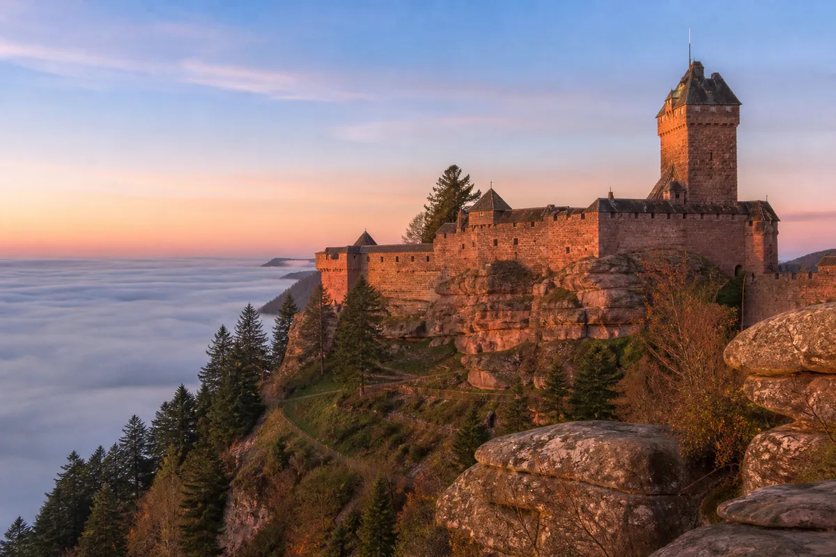 Château fort de grès rose perché sur un éperon boisé, remparts et donjon carré émergeant d une mer de brume matinale sur la plaine