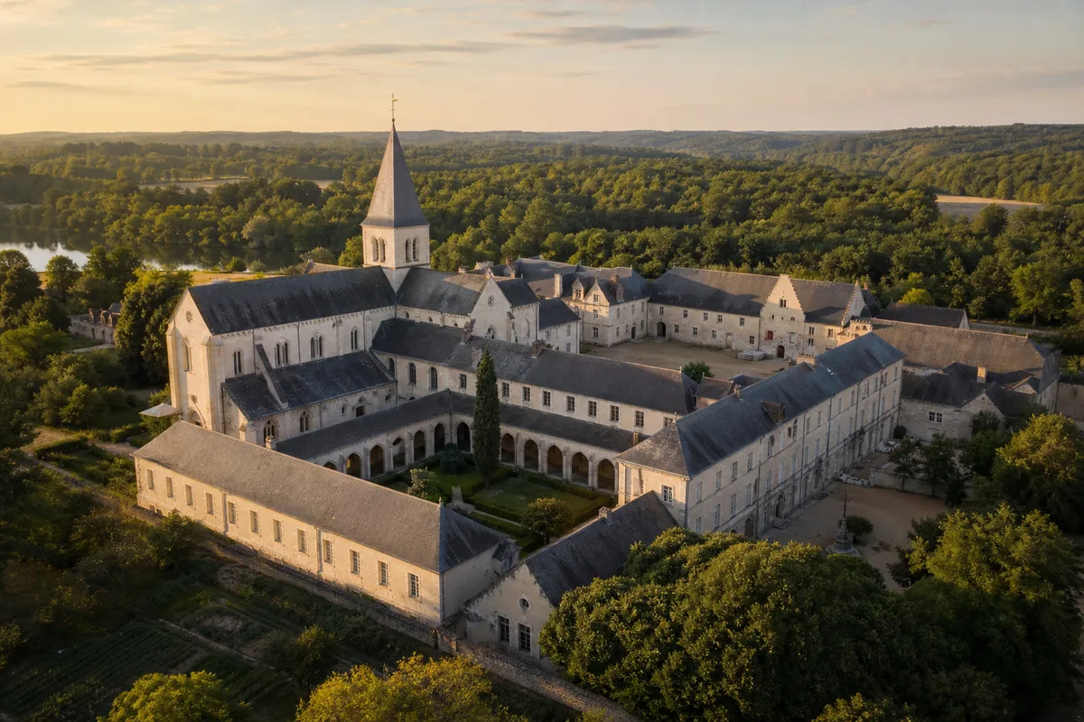 Vue plongeante sur une abbaye de tuffeau blanc et ses toitures d&rsquo;ardoise en fin d&rsquo;après-midi