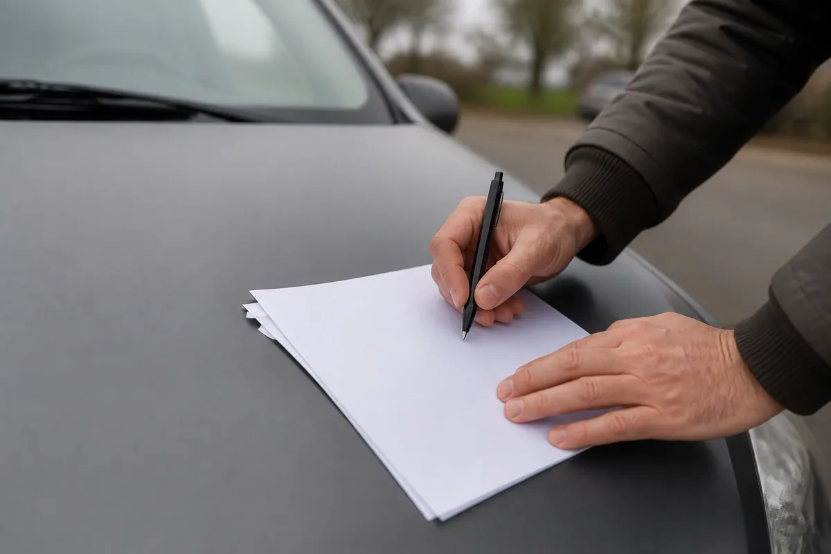 Mains vérifiant des documents d’entretien posés à plat sur le capot d’une petite citadine grise