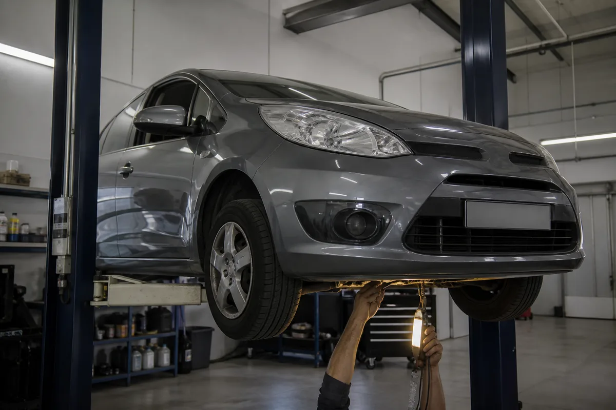 Petite citadine grise sur un pont élévateur dans un garage indépendant, mains d’un mécanicien sous le véhicule, éclairage diffus